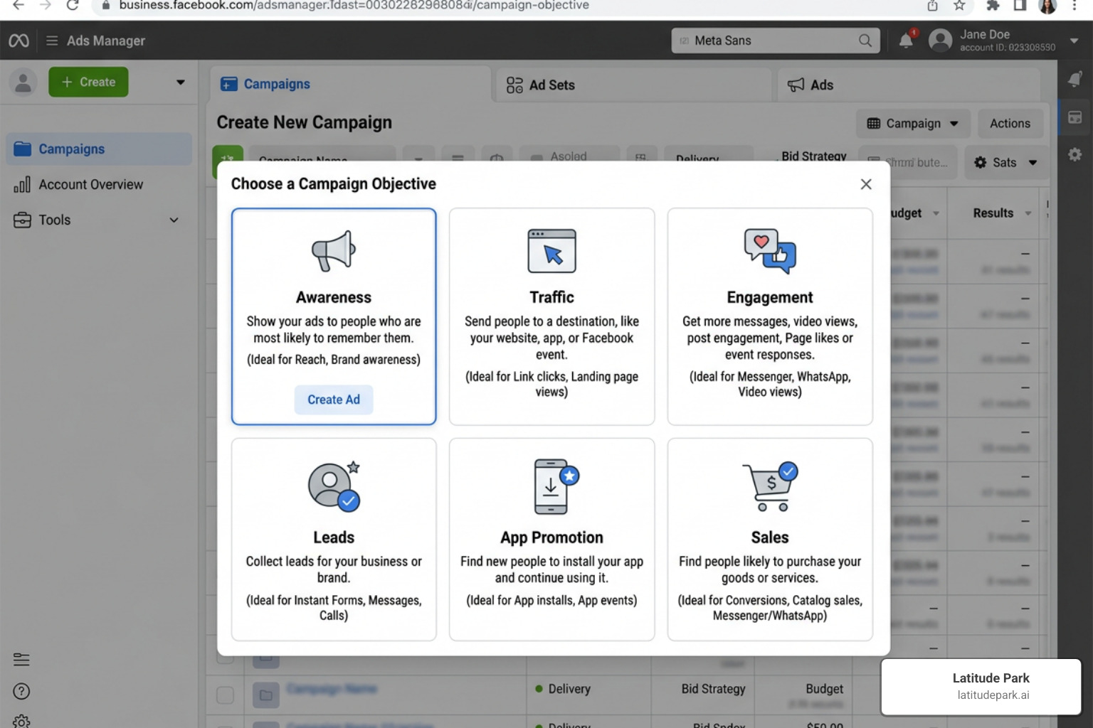 Selection screen for campaign objectives in Meta Ads Manager - facebook ad campaign management Selection screen for campaign objectives in Meta Ads Manager - facebook ad campaign management