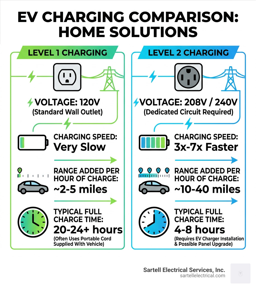 Infographic comparing Level 1 vs Level 2 EV charging speeds, voltage, and miles per hour of charge - EV charger installation