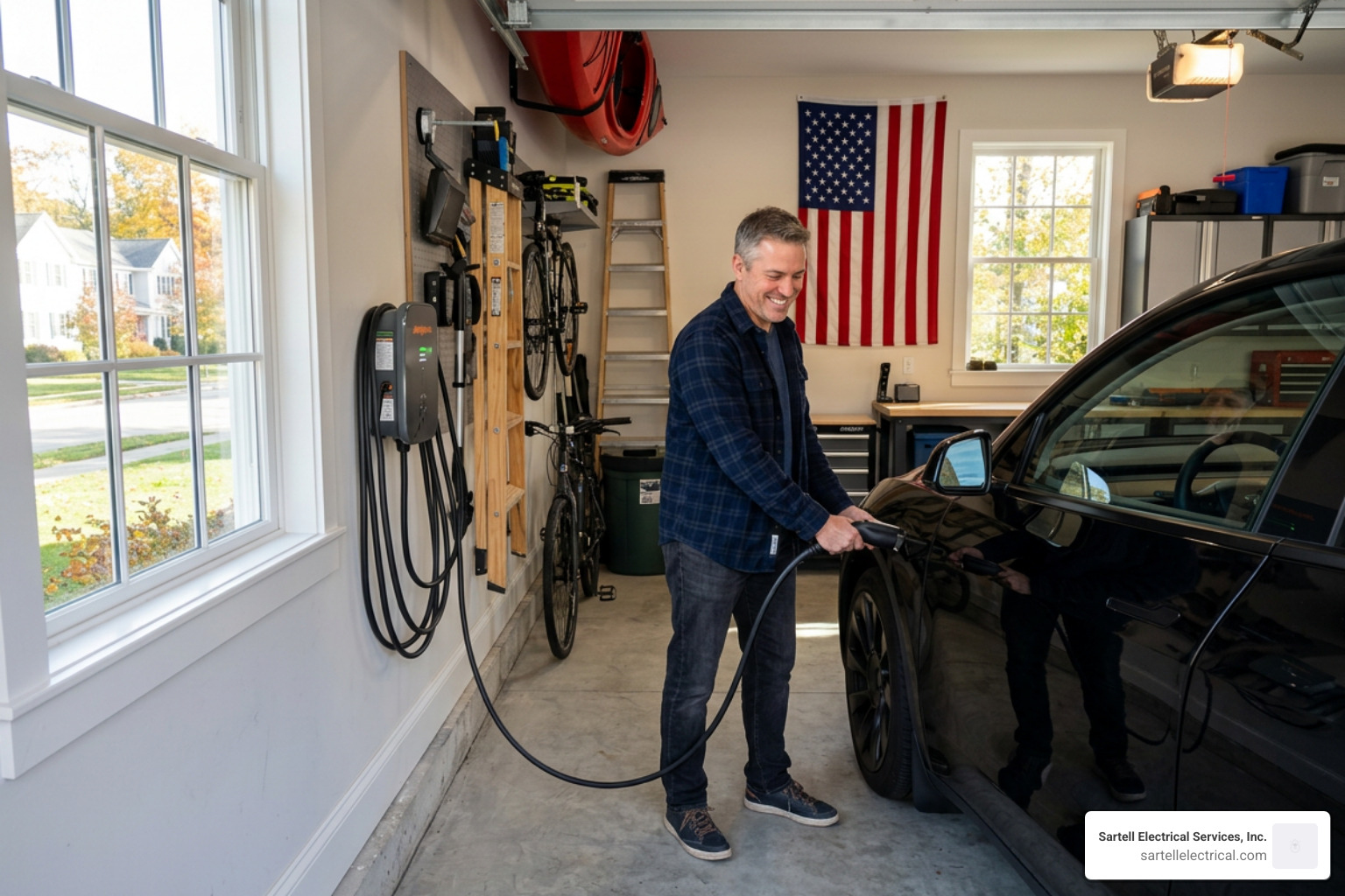 Happy homeowner plugging in an electric vehicle in a home garage - EV charger installation Andover