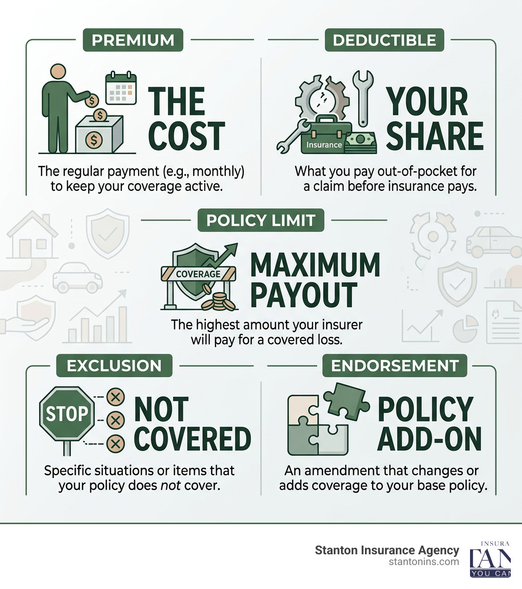 Key components of an insurance policy including premium, deductible, limit, exclusion, and endorsement - understanding