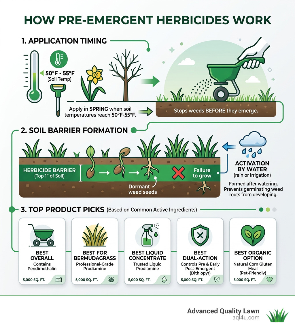 Infographic showing how pre-emergent herbicides work: application timing, soil barrier formation, and top product picks Infographic showing how pre-emergent herbicides work: application timing, soil barrier formation, and top product picks