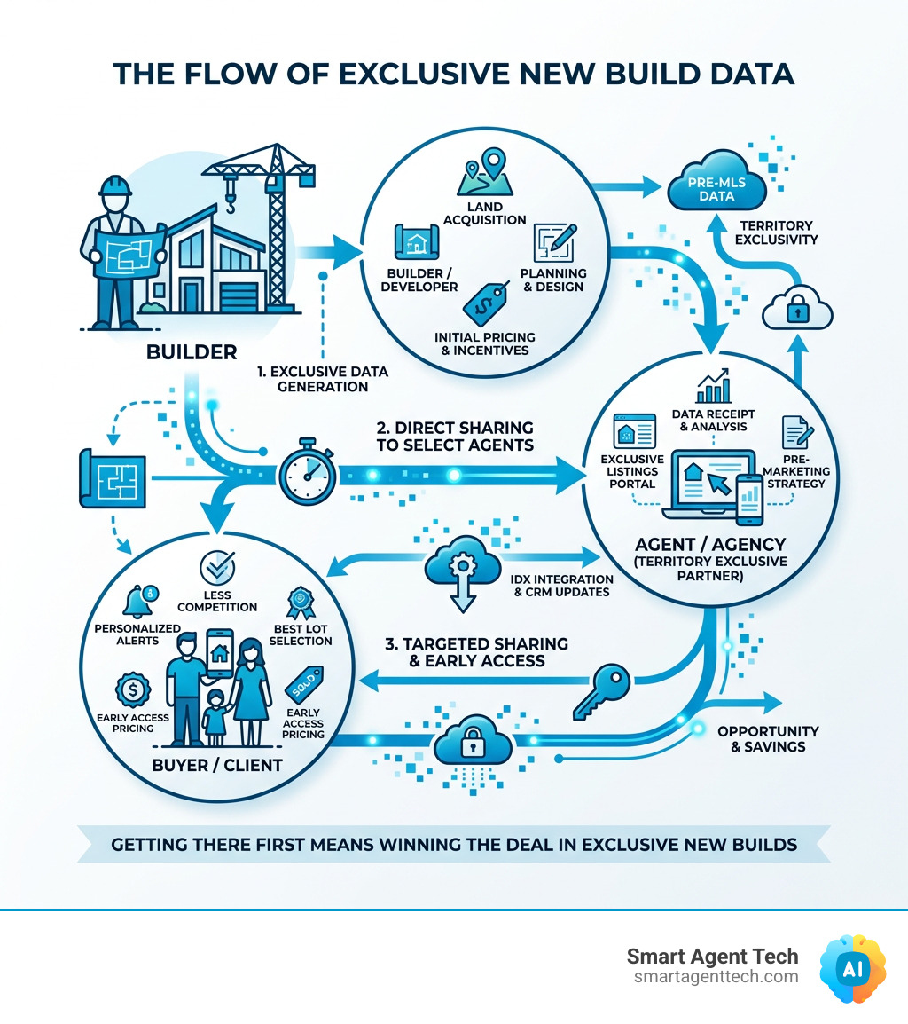 Flow of exclusive new build data from builder to agent to buyer infographic - territory exclusive new builds infographic 