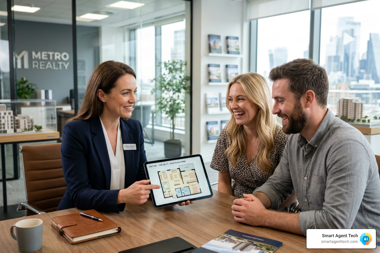 Real estate agent showing a digital floor plan to a couple - territory exclusive new builds