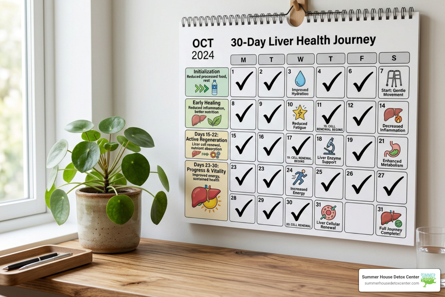 30-day recovery calendar showing liver improvements - liver detox from alcohol timeline
