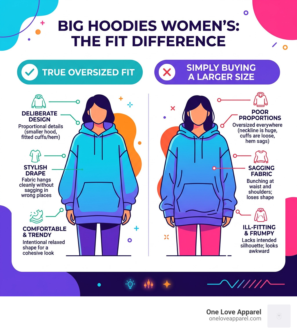 Infographic showing the difference between true oversized fit and simply buying a larger size in women's hoodies - big