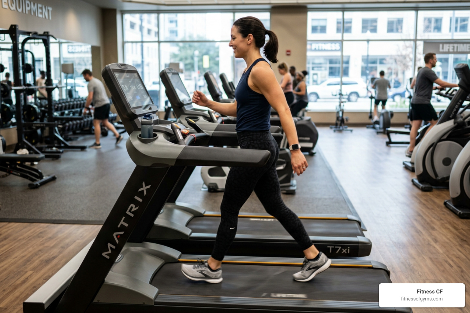 A person walking briskly on a treadmill for active recovery - after exercise muscle pain how to relieve it