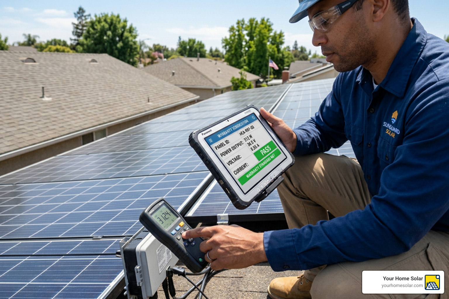Technician monitoring solar output to ensure it meets warranty standards - solar panel performance warranty Technician monitoring solar output to ensure it meets warranty standards - solar panel performance warranty