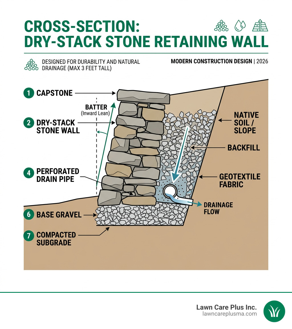 Cross-section infographic of a dry-stack stone retaining wall showing base gravel, batter, backfill, and drainage - Stone