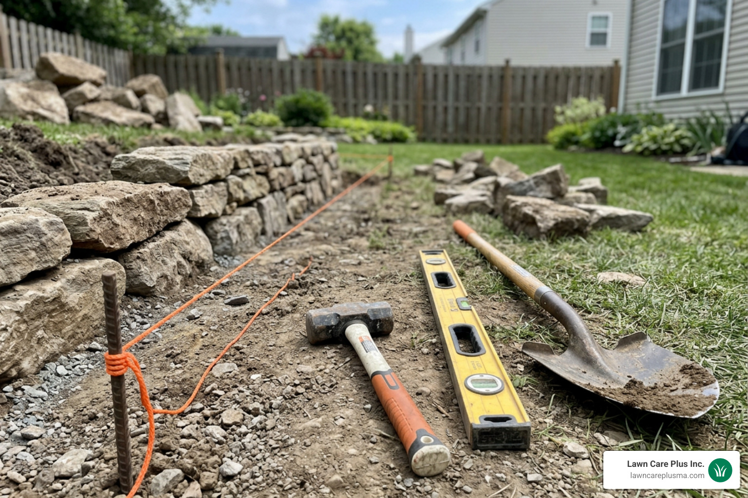 Essential masonry tools: sledgehammer, level, shovel, and string line - Stone retaining wall