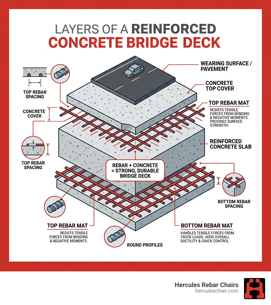 Layers of a reinforced concrete bridge deck infographic - Bridge deck rebar infographic Layers of a reinforced concrete bridge deck infographic - Bridge deck rebar infographic