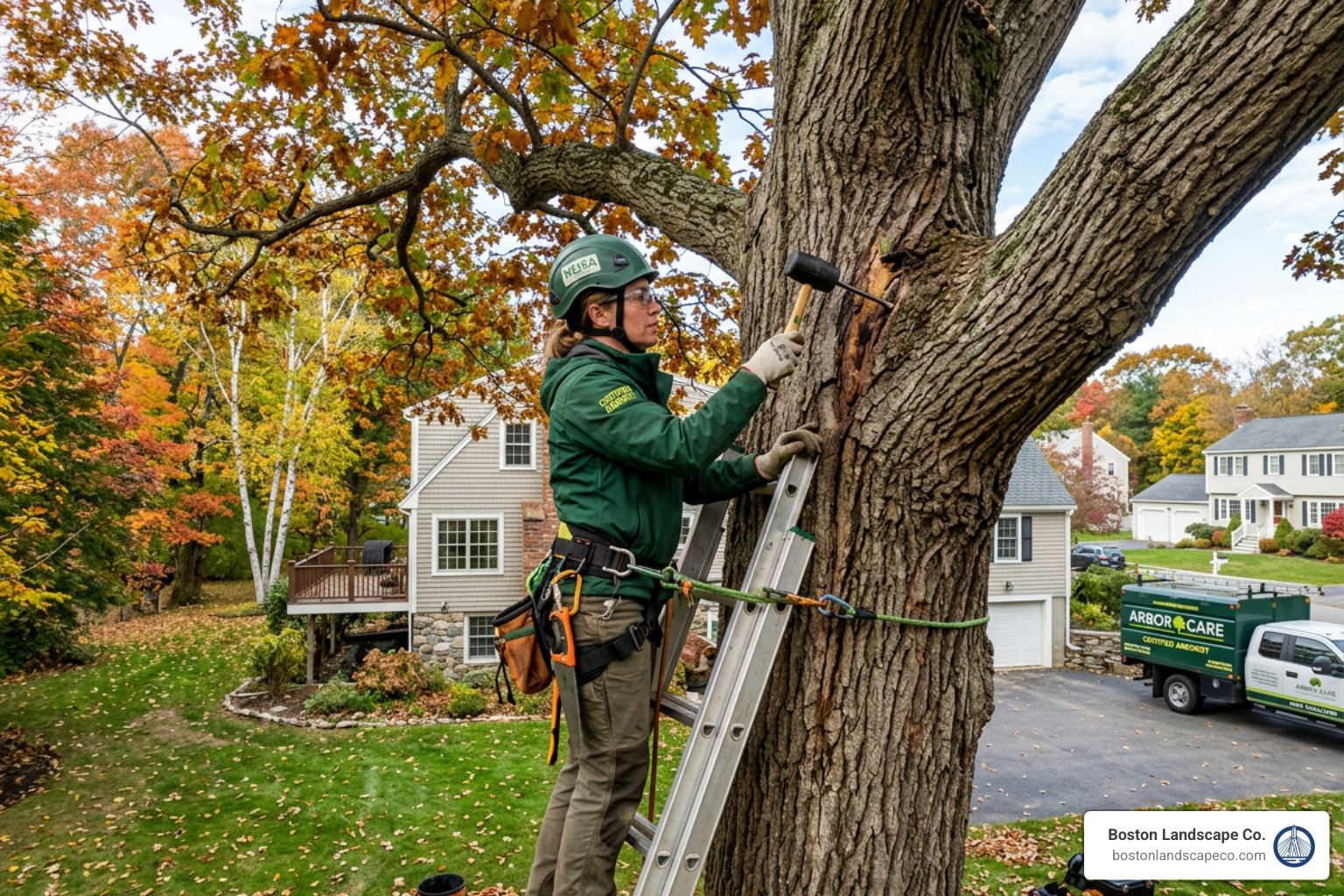 Certified arborist inspecting a mature oak tree for structural integrity and disease - Professional arborist Stoneham MA