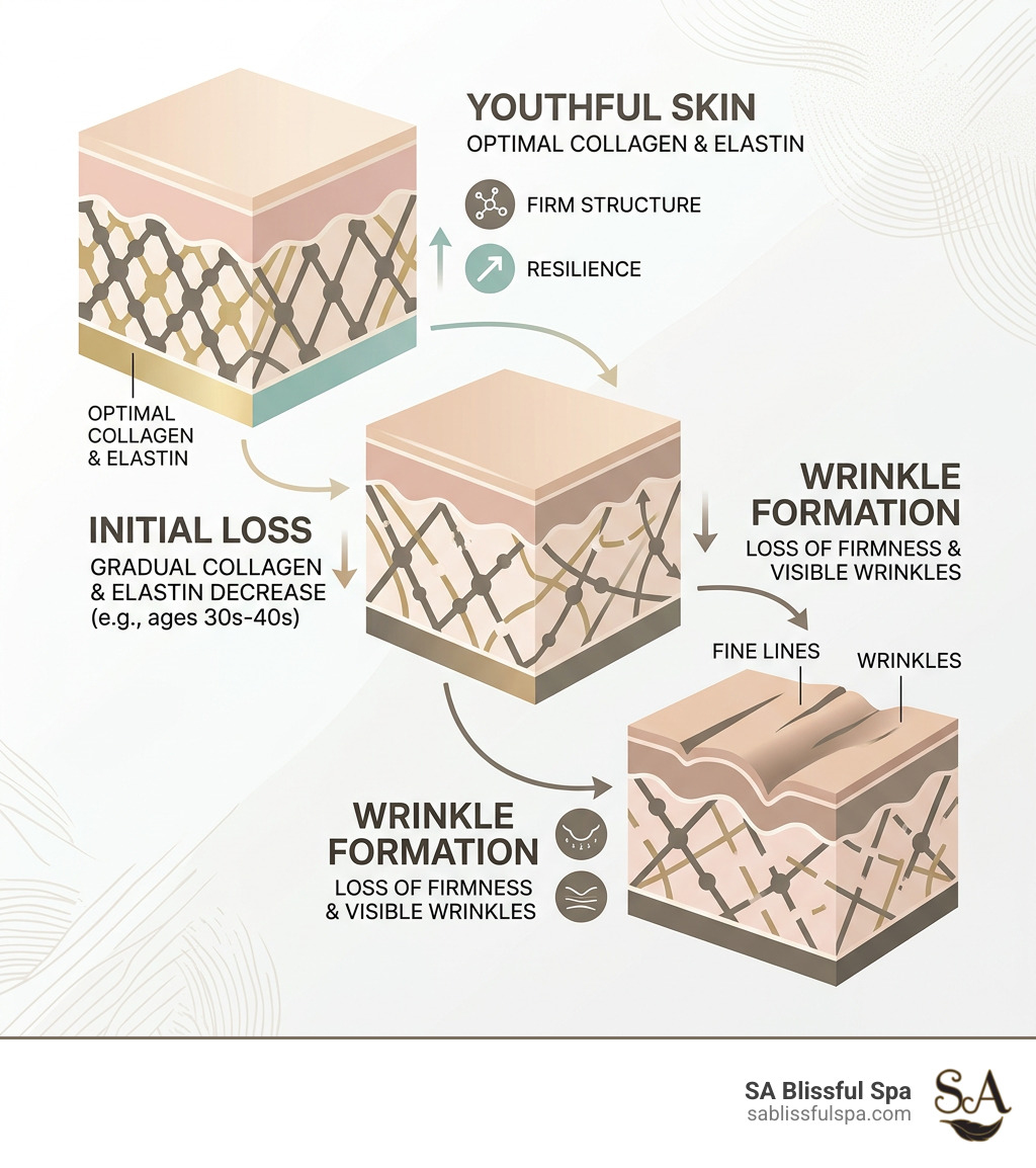 Infographic showing stages of skin aging from collagen loss to wrinkle formation - best anti wrinkle facial infographic 