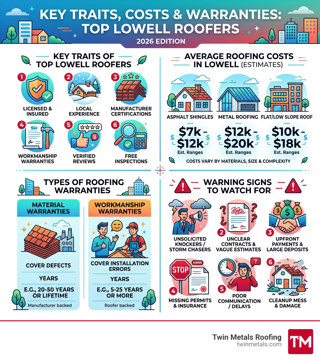 Infographic showing key traits of top Lowell roofers, average costs, warranty types, and warning signs - Best roofers Lowell
