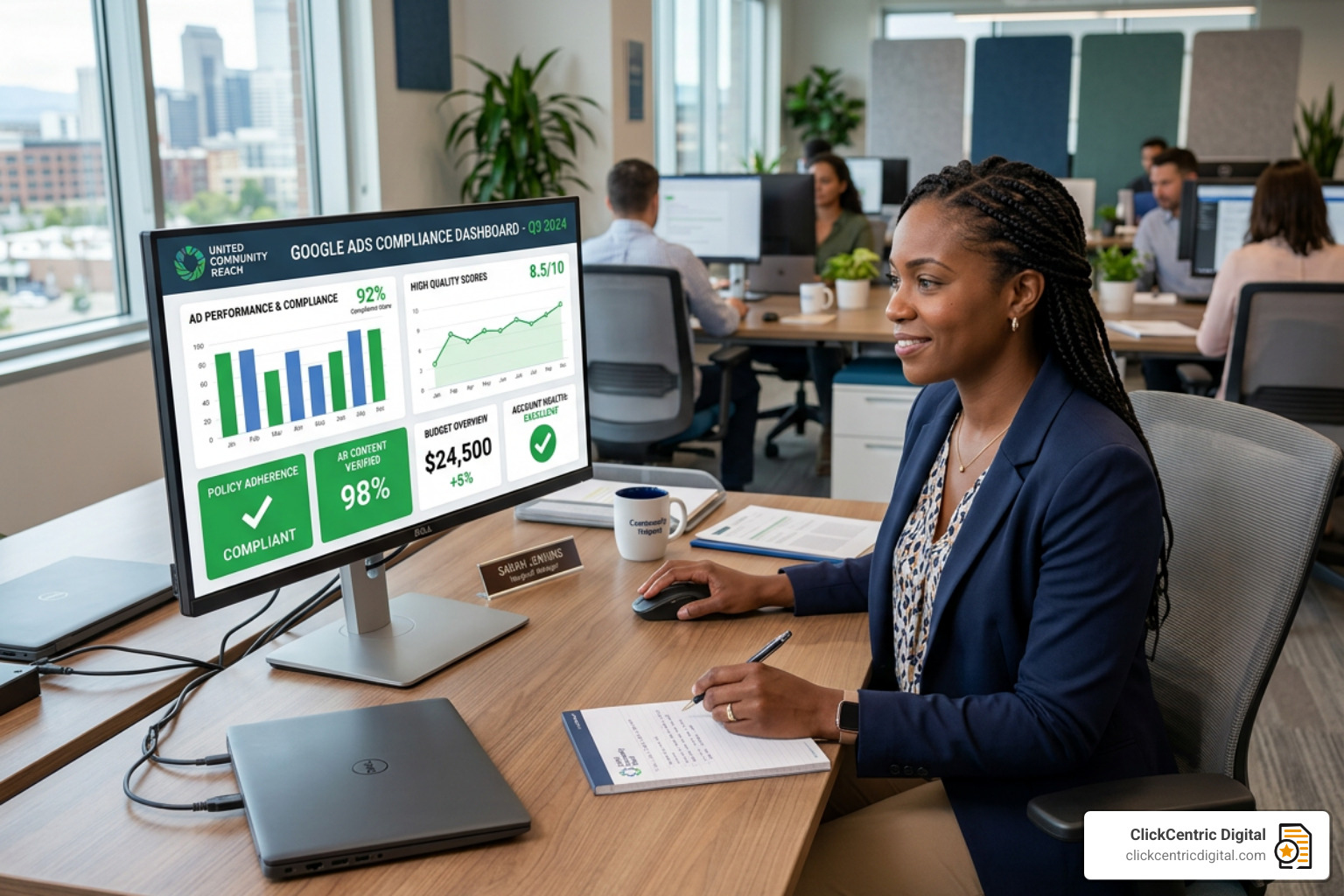 Nonprofit manager reviewing a Google Ads compliance dashboard showing high quality scores - google grant ppc management