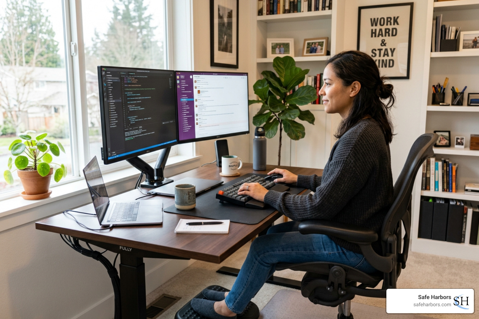 A remote worker in a safe, ergonomic home office setup - Duty of care policies A remote worker in a safe, ergonomic home office setup - Duty of care policies