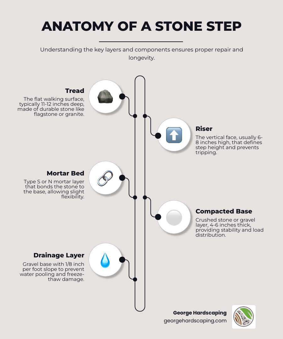 Infographic showing the anatomy of a stone step including tread, riser, mortar bed, compacted base, and drainage layer