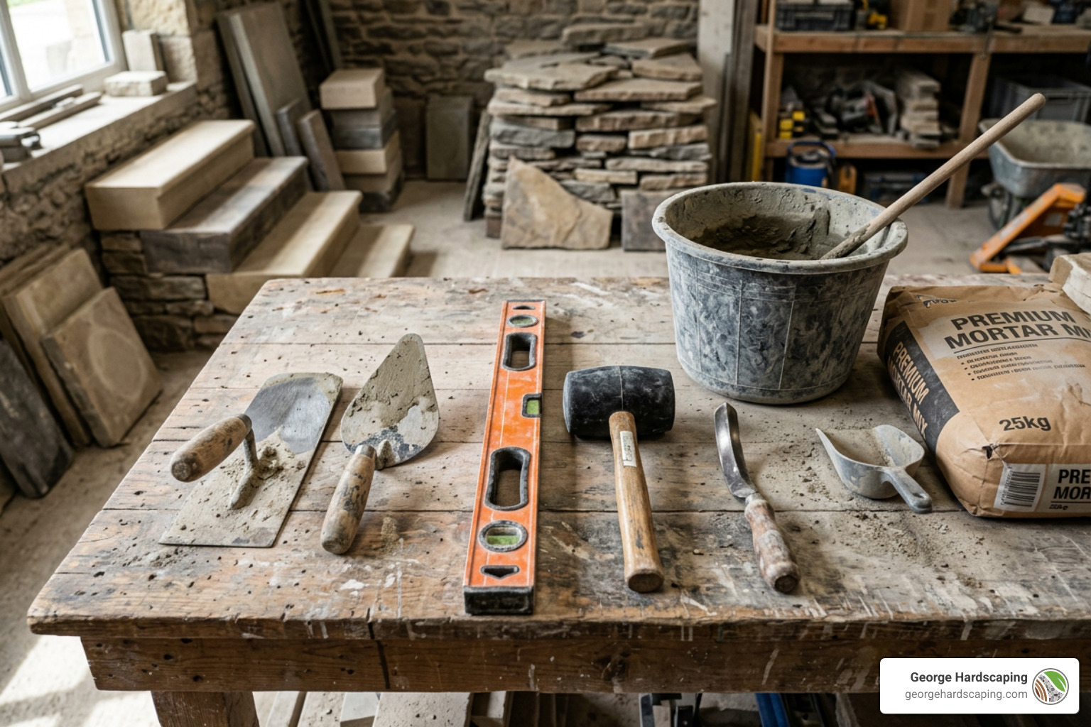 Professional masonry tools including trowels, levels, and a rubber mallet - Repair stone steps