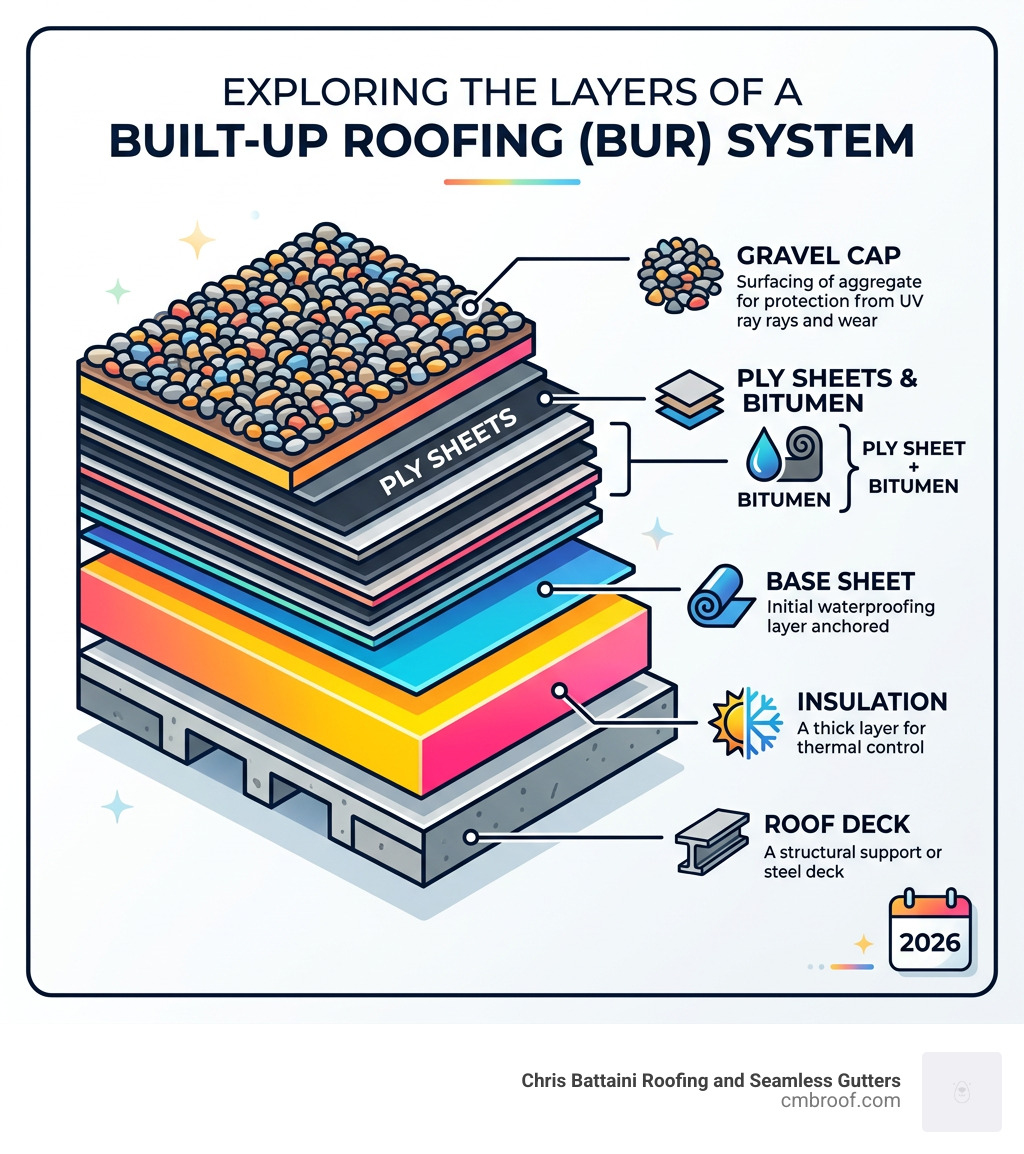Infographic showing layers of a BUR system from roof deck to surfacing including insulation, base sheet, ply sheets