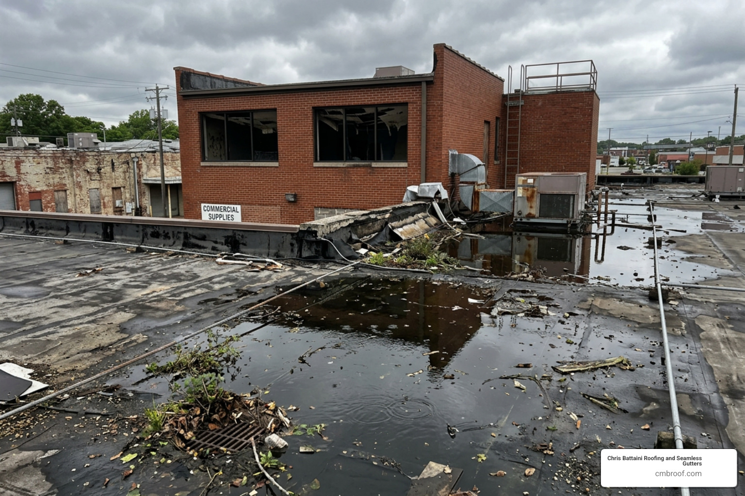 leaking flat roof with ponding water and debris - built up roofing contractors