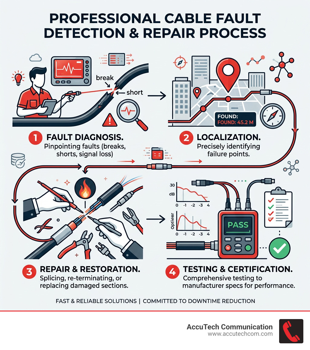 Infographic showing the cable fault detection and repair process from diagnosis to testing - Cable repair service