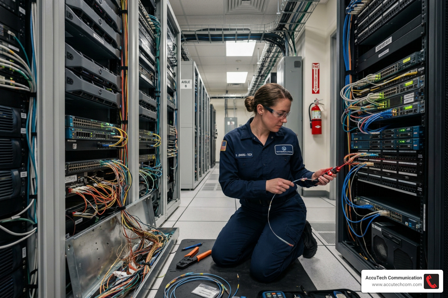Technician inspecting damaged fiber optic cables in a commercial server room - Cable repair service