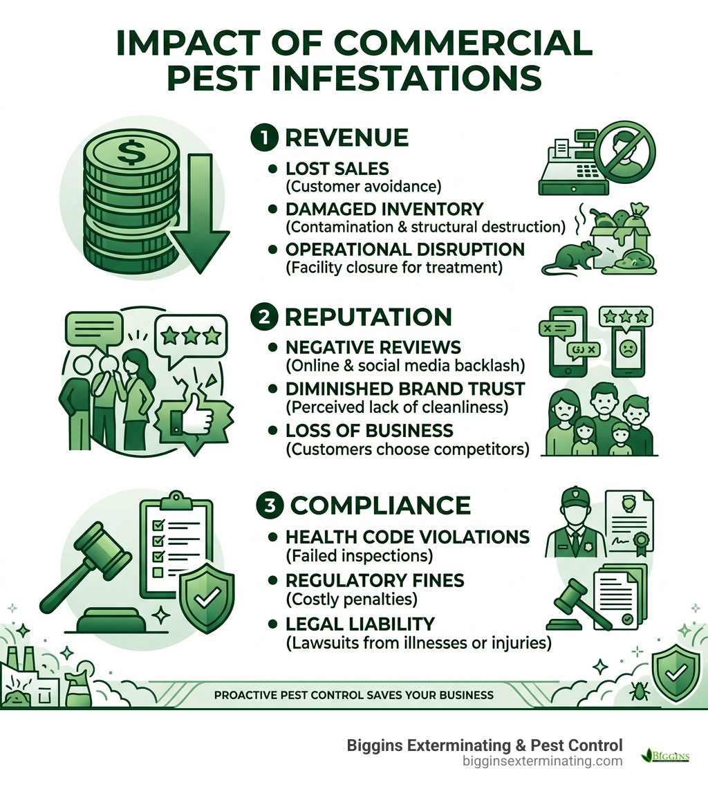 Infographic showing impact of pest infestations on business revenue, reputation, and compliance - Commercial pest Methuen