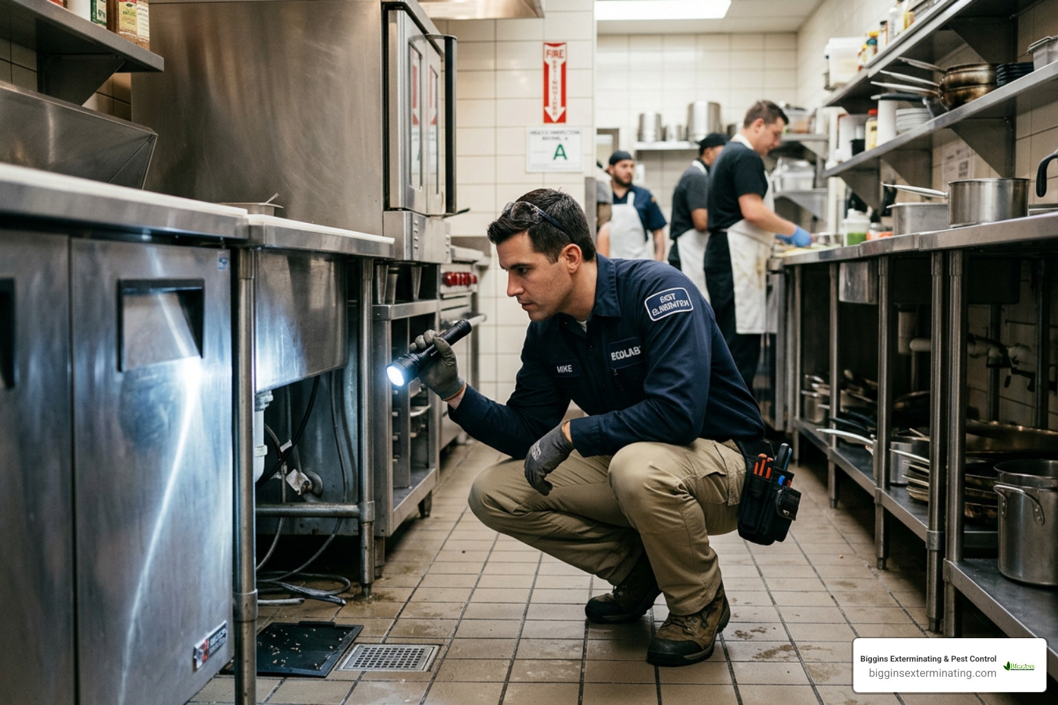 Professional pest control technician inspecting a commercial kitchen for signs of activity - Commercial pest Methuen