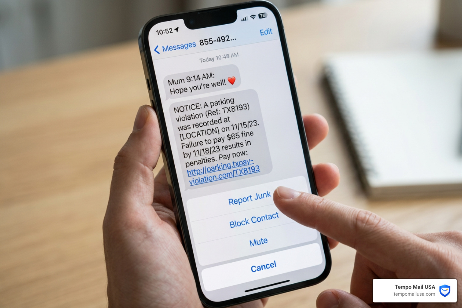 Reporting junk and blocking a sender on a mobile device - Parking violation scam text Reporting junk and blocking a sender on a mobile device - Parking violation scam text