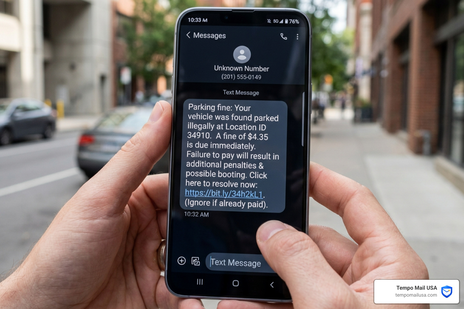Text message with a suspicious URL and area code - Parking violation scam text Text message with a suspicious URL and area code - Parking violation scam text