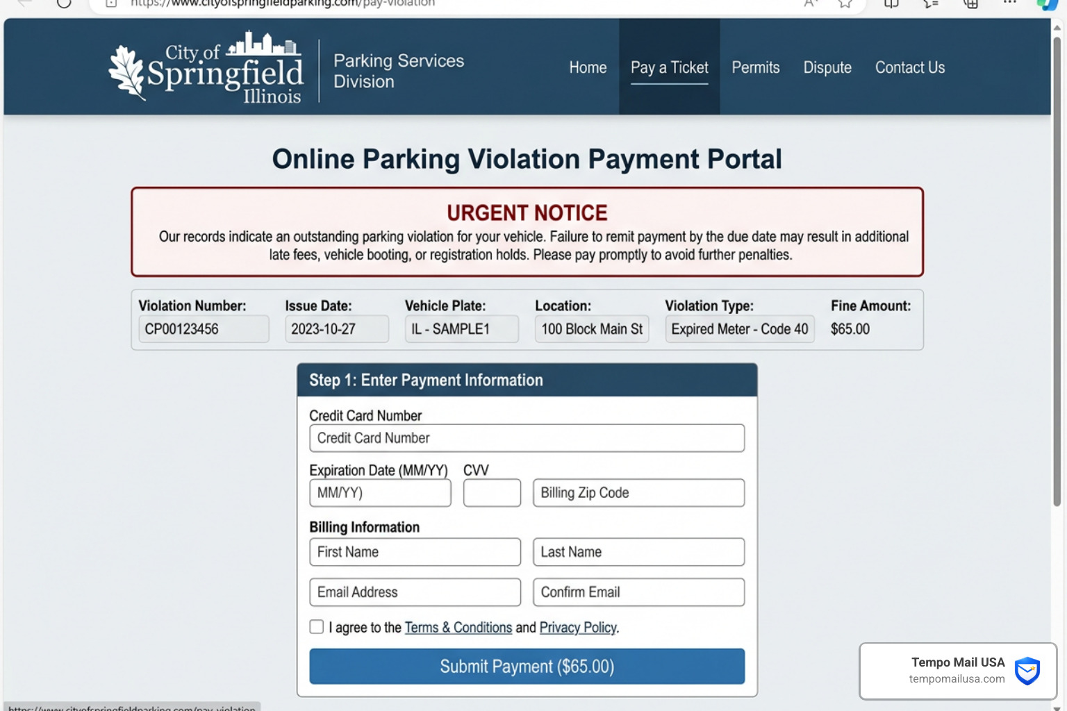 Fake city payment website mimicking official branding - Parking violation scam text Fake city payment website mimicking official branding - Parking violation scam text
