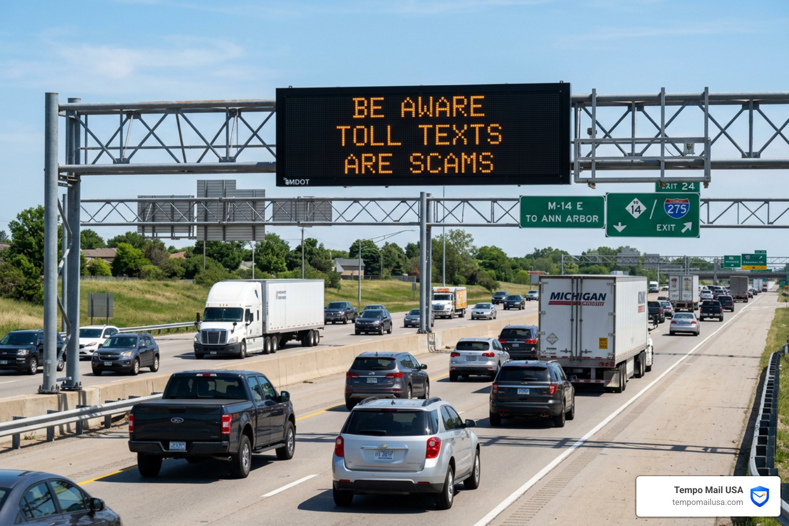 MDOT highway message board displaying "BE AWARE TOLL TEXTS ARE SCAMS" - MDOT scam text MDOT highway message board displaying "BE AWARE TOLL TEXTS ARE SCAMS" - MDOT scam text