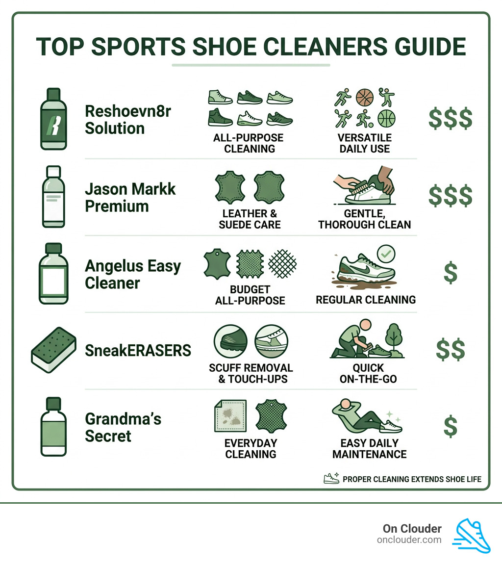 infographic showing top sports shoe cleaners by material type, price, and use case - best sports shoe cleaner infographic 