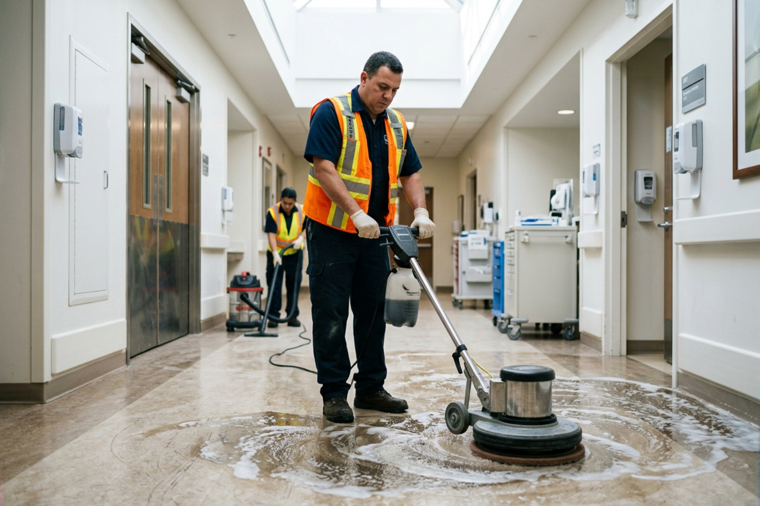 Professional floor stripping in a high-stakes medical facility showing chemical emulsification on VCT flooring - commercial