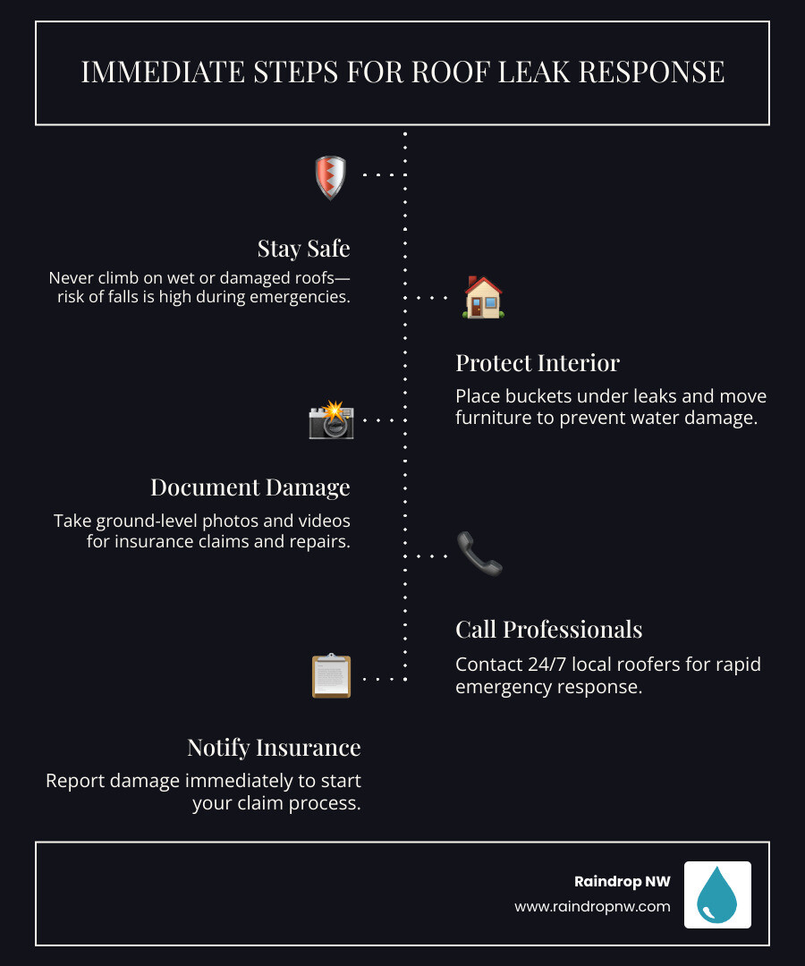 Immediate steps infographic for emergency roof leak response in Aloha OR - emergency roof repair in aloha, or infographic