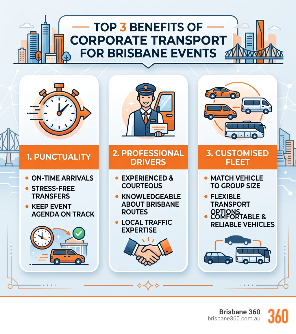 Top 3 benefits of corporate transport for Brisbane events - punctuality, professional drivers, customised fleet - corporate