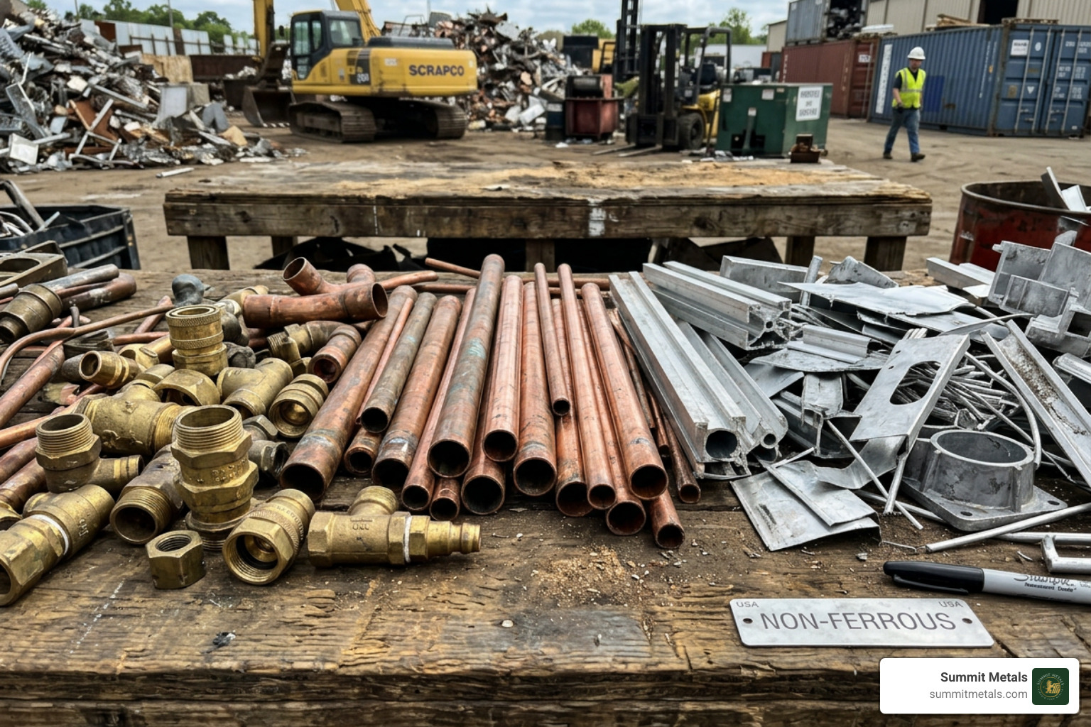 Samples of non-ferrous metals including copper tubing and brass fittings - get money for scrap metal near me