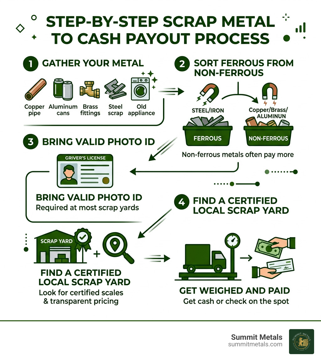 Step-by-step infographic: scrap metal collection to cash payout process - get money for scrap metal near me infographic 