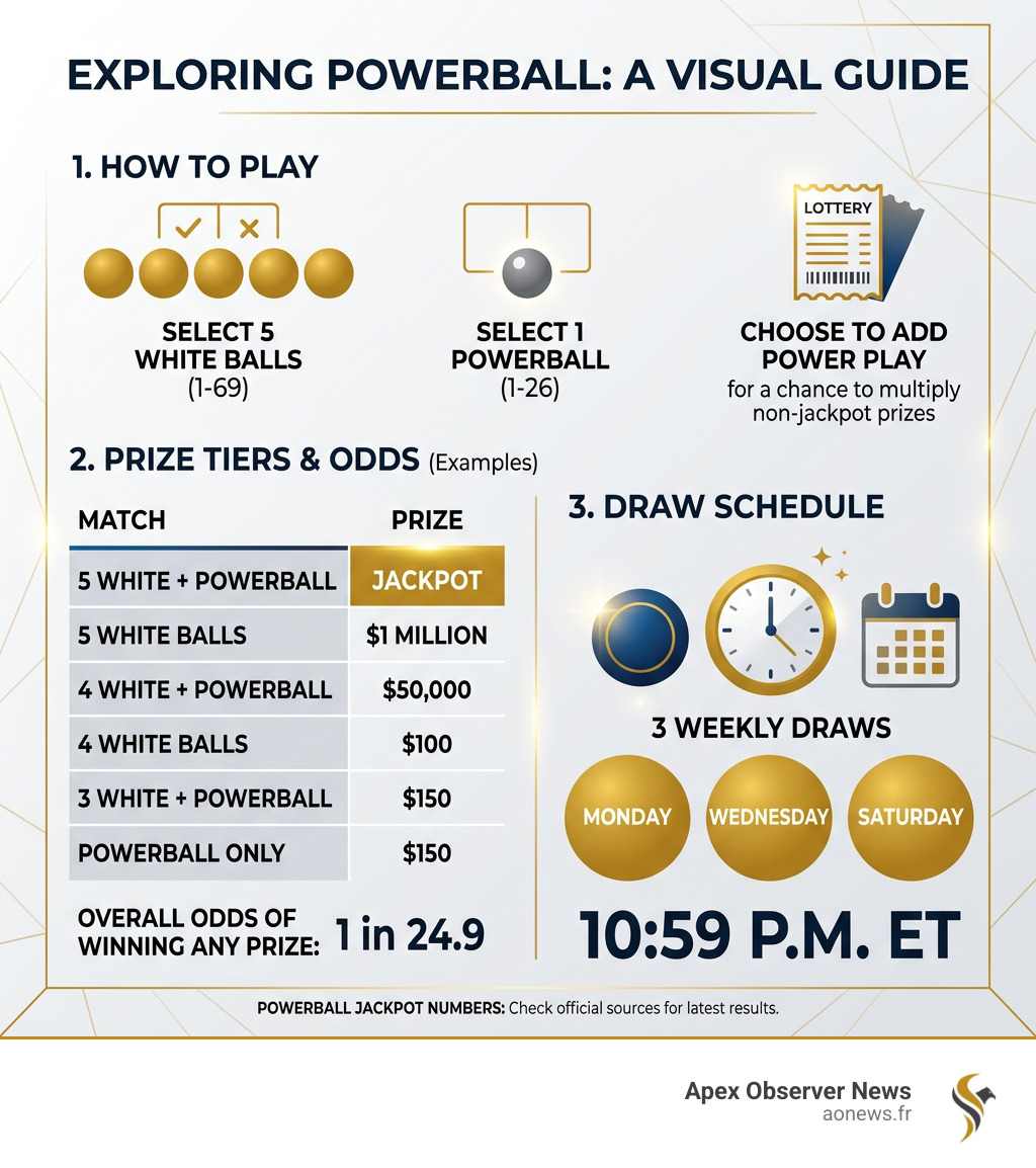 Infographic showing Powerball jackpot numbers, how to play, prize tiers, and draw schedule - powerball jackpot numbers Infographic showing Powerball jackpot numbers, how to play, prize tiers, and draw schedule - powerball jackpot numbers