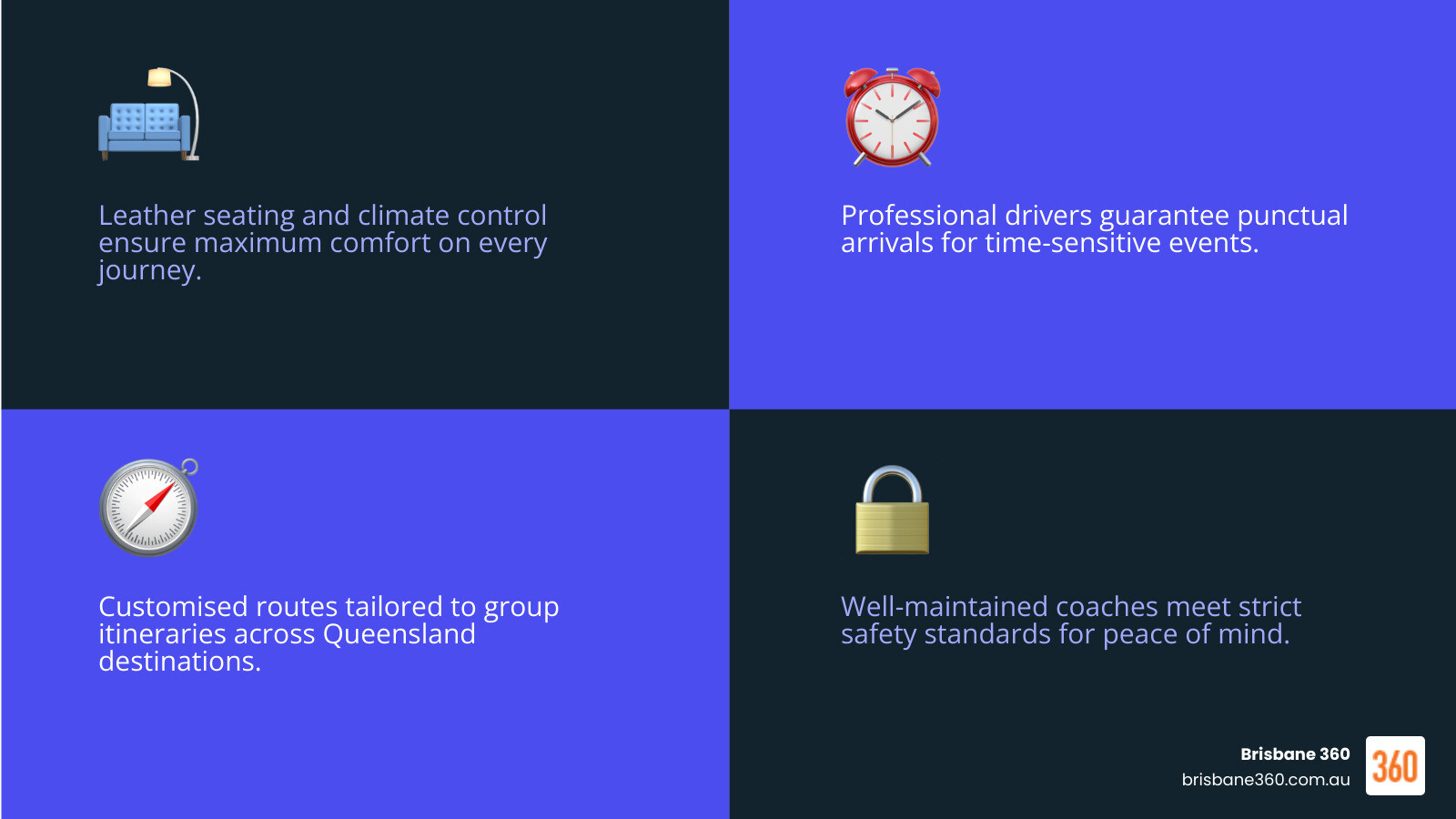 Benefits of professional luxury tour bus hire in Queensland: comfort, punctuality, professional drivers, customised routes