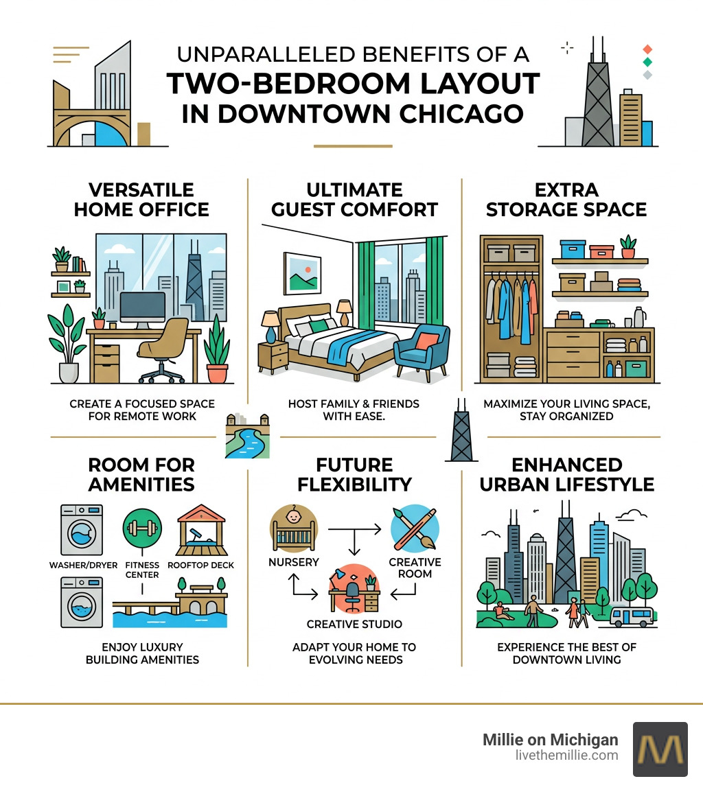 benefits of a two-bedroom apartment layout in downtown Chicago infographic - two bedroom apartments downtown chicago
