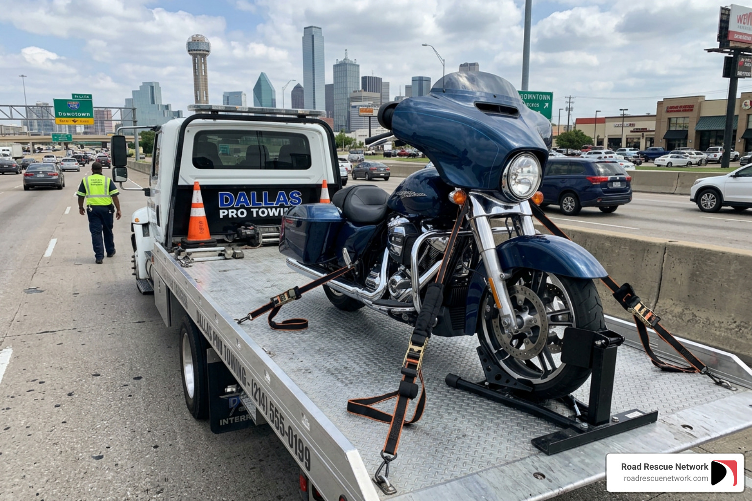 Specialized motorcycle towing equipment featuring wheel chocks and soft straps - Dallas emergency motorcycle tow