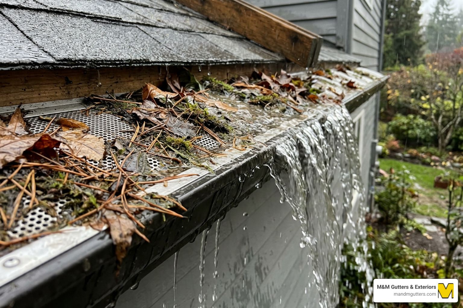 Water bypassing a gutter guard system due to surface tension and debris buildup - leaf guard complaints Water bypassing a gutter guard system due to surface tension and debris buildup - leaf guard complaints