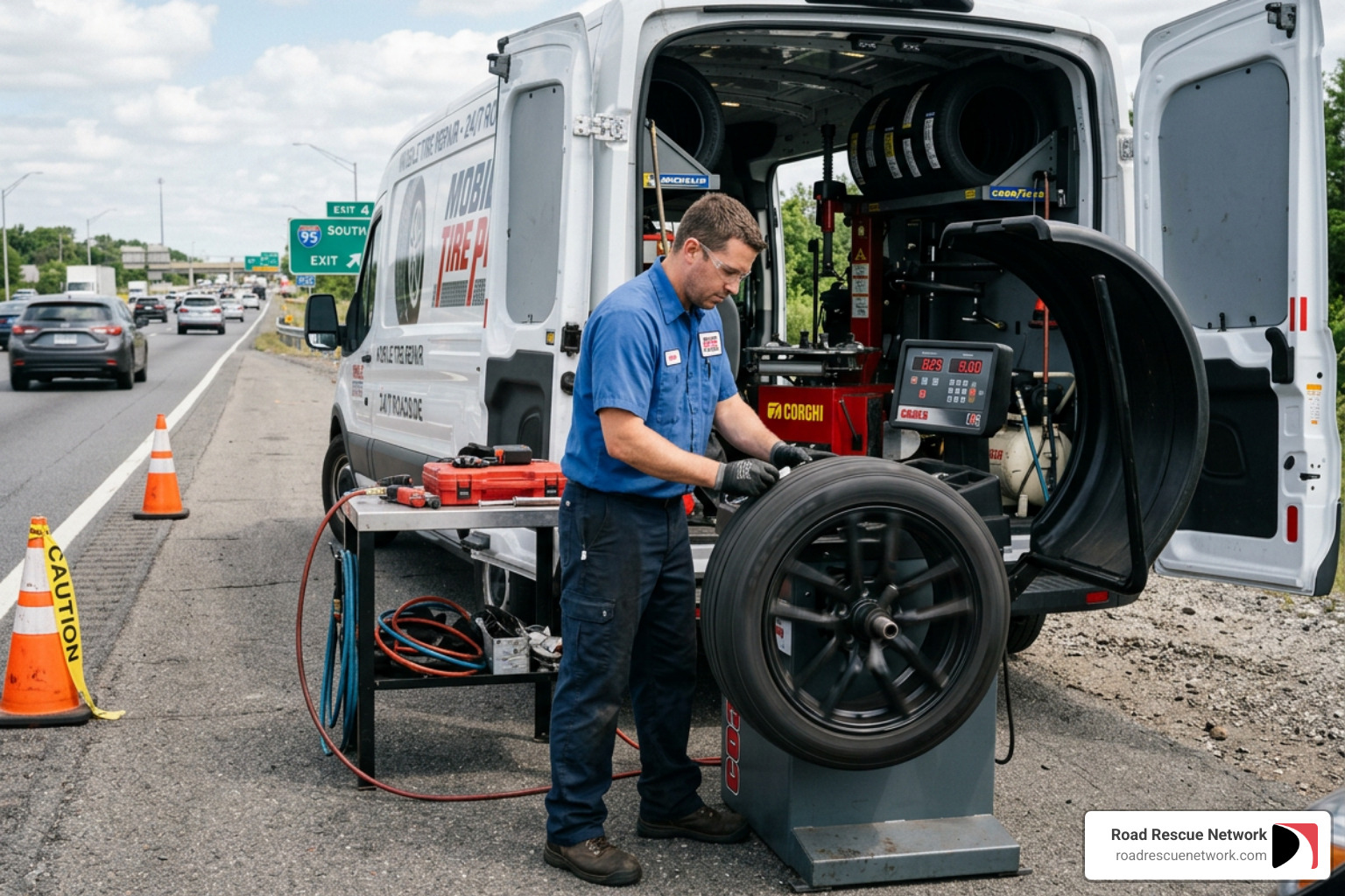 technician performing a high-speed wheel balance on-site - mobile tire repair experts technician performing a high-speed wheel balance on-site - mobile tire repair experts