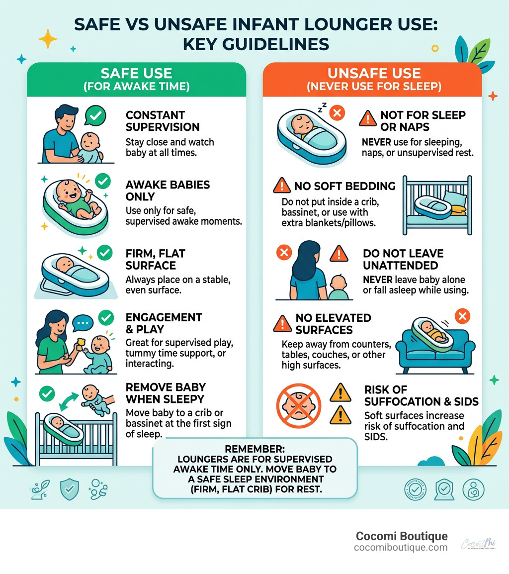 Safe vs unsafe infant lounger use - key guidelines for parents - best infant loungers infographic Safe vs unsafe infant lounger use - key guidelines for parents - best infant loungers infographic