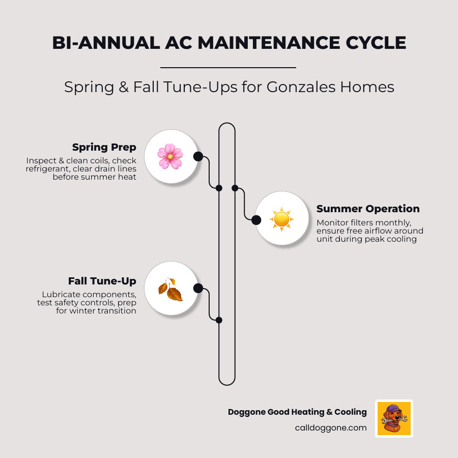 Bi-annual AC maintenance cycle infographic for Gonzales LA homeowners showing spring and fall tune-up steps - ac maintenance