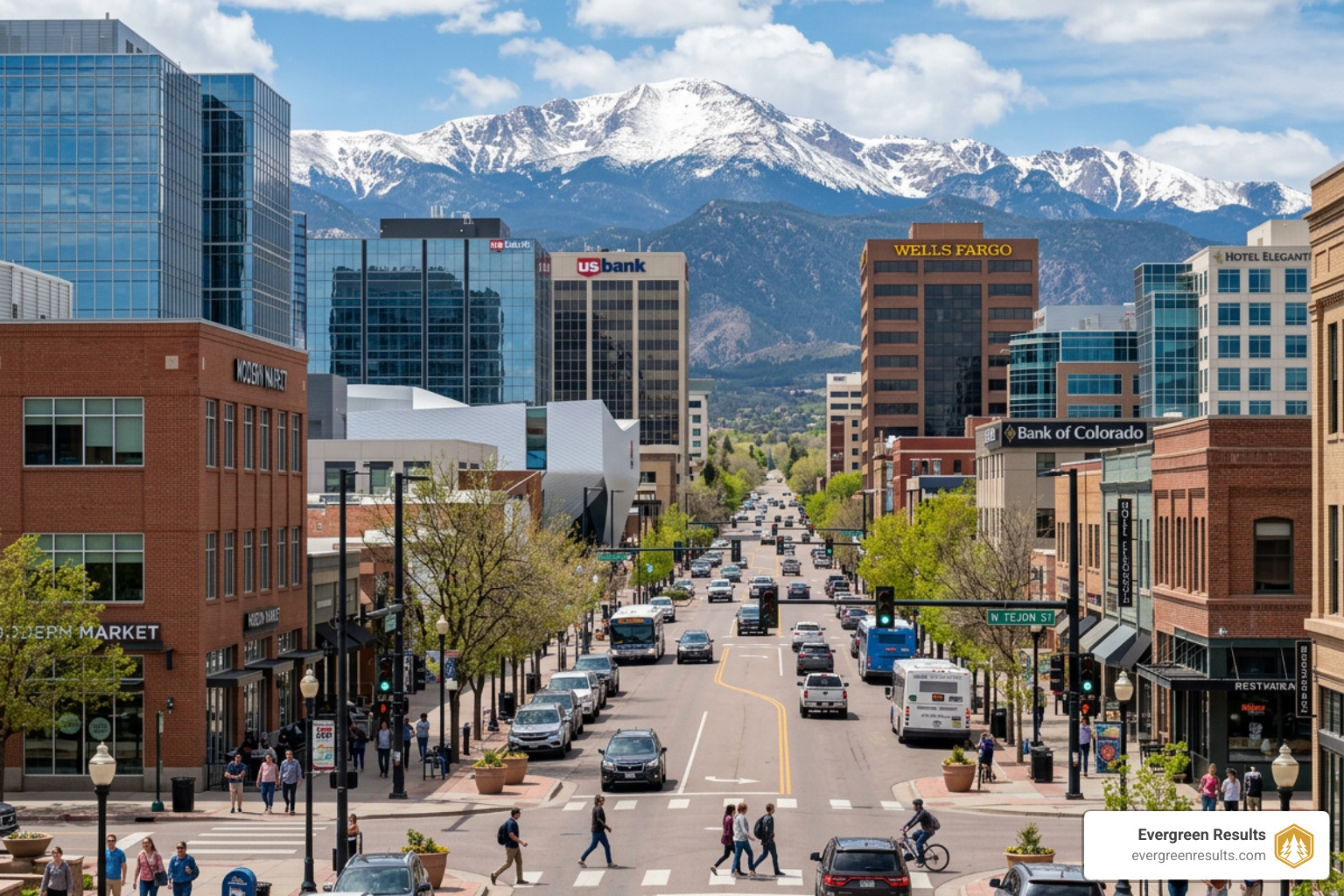 Colorado Springs business district with Pikes Peak in the background - colorado springs website designers