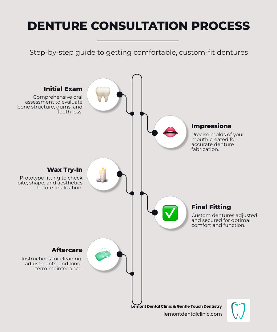 Step-by-step denture consultation process infographic showing exam, impressions, try-in, fitting, and aftercare - dentures