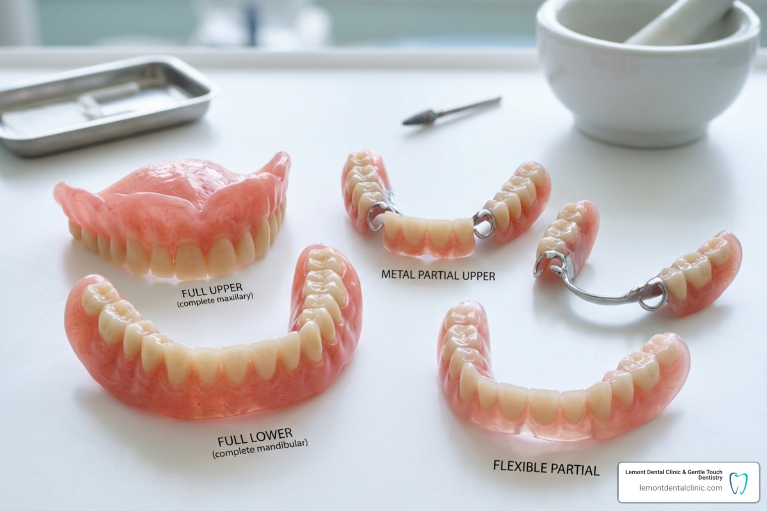 Various types of modern dentures including full and partial sets - dentures near me