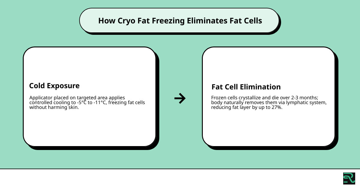 Infographic showing the cryo fat freezing process from applicator placement to fat cell elimination and results timeline Infographic showing the cryo fat freezing process from applicator placement to fat cell elimination and results timeline