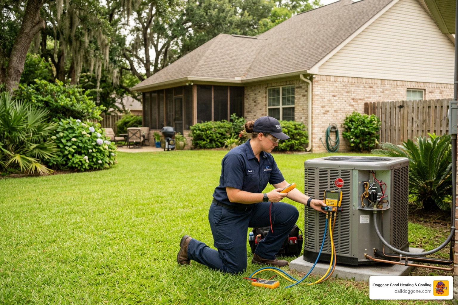 Technician inspecting an outdoor AC condenser unit in a Zachary residential backyard - ac maintenance in zachary la